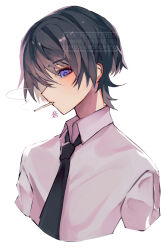 Rule 34 | 1boy, absurdres, alternate costume, arms at sides, black hair, black necktie, cigarette, collar, collared shirt, contemporary, cropped torso, eyeliner, eyeshadow, formal clothes, genshin impact, highres, looking at viewer, makeup, male focus, necktie, nero hanken, portrait, purple eyes, red eyeliner, red eyeshadow, scaramouche (genshin impact), shirt, short sleeves, smoking, solo, watermark, white background, white collar, white shirt, white sleeves