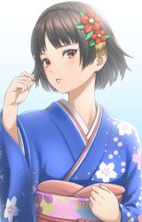 1girl black_hair blue_background blue_kimono blunt_bangs braid crown_braid flower_hairpin hand_in_own_hair hand_up highres japanese_clothes kimono light_blush looking_at_viewer masatoshi_1219 niijima_makoto persona persona_5 red_eyes short_hair solo upper_body
