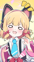 1girl animal_ear_headphones animal_ears aqua_necktie blonde_hair blue_archive blush bow buttons cat_ear_headphones cat_ears chromatic_aberration collared_shirt commentary_request dress_shirt fake_animal_ears h14_drawing hair_bow halo hands_up headphones highres jacket long_sleeves looking_at_viewer low-tied_sidelocks medium_hair momoi_(blue_archive) multicolored_jacket necktie notice_lines off_shoulder open_mouth pink_halo pink_jacket red_bow school_uniform shirt sidelocks simple_background single_sleeve_past_wrist smile solo suspenders sweatdrop two-sided_fabric two-sided_jacket upper_body v-shaped_eyebrows white_jacket white_shirt wide_oval_eyes wide_sleeves yellow_background