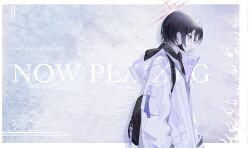 14yuruis 1girl absurdres bag black_bag black_hair black_hoodie black_mask blue_archive closed_mouth ear_piercing from_side highres holding holding_bag hood hoodie jacket misaki_(blue_archive) piercing red_eyes short_hair sidelocks smile solo upper_body white_jacket