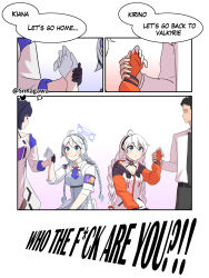 absurdres blue_archive censored censored_text comic english_text faceless faceless_male highres honkai_(series) honkai_impact_3rd kiana_kaslana kiana_kaslana_(white_comet) kirino_(blue_archive) profanity raiden_mei sensei_(blue_archive) snkagawa trait_connection