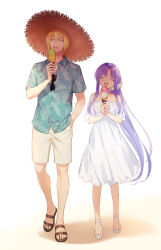 1boy 1girl 7dango7 blonde_hair casual dress fate/grand_order fate_(series) green_eyes hand_in_pocket hat hawaiian_shirt highres ice_cream_cone jason_(fate) long_hair medea_(fate) medea_lily_(fate) pointy_ears purple_hair sandals shirt shorts straw_hat sundress sunglasses white_shorts