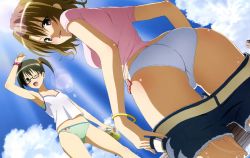 10s 2girls absurdres ass belt bikini bikini_bottom_only black_hair blonde_hair blue_shorts breasts brown_eyes brown_hair cleavage clothes_pull cloud drink from_below glasses green_bikini hair_ornament highres juicy long_hair momioka_risa multiple_girls official_art one_eye_closed open_mouth outdoors panties pink_shirt purple_eyes sawada_mio scan shirt short_hair shorts shorts_pull sky small_breasts swimsuit to_love-ru to_love-ru_darkness twintails underwear water white_bikini white_shirt wink yellow_eyes