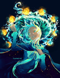 1girl aqua_gemstone arm_up artist_name blue_cloak blue_dress blue_eyes blue_hair cloak commentary dress english_commentary full_moon gem hand_up highres liquid_hair long_hair long_sleeves moon moon_phases multicolored_gemstone original smile solo yellow_gemstone yuumei
