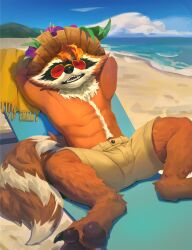 1boy abs animal_ears arms_behind_head barefoot beach blue_sky brown_shorts claws cloud commentary english_commentary furry furry_male guardians_of_the_galaxy hat highres looking_at_viewer male_focus marvel marvel_cinematic_universe marvel_rivals muscular muscular_male ocean open_mouth pawpads pectorals raccoon_boy raccoon_ears raccoon_tail red8ean rocket_raccoon rocket_raccoon_(sunshine_raccoon)_(marvel_rivals) sand shorts sitting sky straw_hat sunglasses tail topless_male