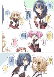 3girls :d :o ^^^ ahoge akaza_akari black_hairband blonde_hair blue_hair braid breasts brown_eyes brown_sailor_collar buttons closed_eyes double_bun dress flat_chest frown furutani_himawari hair_between_eyes hair_bun hair_intakes hair_ornament hairband hairclip hand_on_own_head highres layered_sleeves long_sleeves low_twin_braids low_twintails medium_hair migimiya_yoru multiple_girls nanamori_school_uniform oomuro_sakurako open_mouth purple_eyes red_dress red_hair sailor_collar school_uniform shirt short_hair short_over_long_sleeves short_sleeves simple_background small_breasts smile translation_request twin_braids twintails waving_arm white_background white_shirt yellow_eyes yuru_yuri