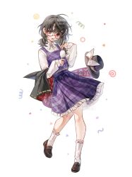 Rule 34 | 1girl, 80isiiii, black shoes, bow, brown eyes, brown hair, chinese commentary, collared shirt, commentary request, commission, frilled skirt, frills, full body, glasses, hair brush, hat, hat bow, highres, holding, holding hair brush, loafers, long hair, long sleeves, looking at viewer, no headwear, open mouth, plaid clothes, plaid skirt, plaid vest, purple skirt, purple vest, red-framed eyewear, semi-rimless eyewear, shirt, shoes, skirt, socks, solo, touhou, under-rim eyewear, unworn hat, unworn headwear, usami sumireko, vest, white bow, white shirt, white socks