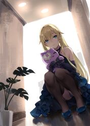 1girl absurdres aizawa_ema bare_shoulders black_gloves blonde_hair blue_dress blue_eyes blue_panties blue_shoes brown_thighhighs closed_mouth commentary_request criss-cross_halter dress earrings frilled_dress frills garter_straps gloves hair_flaps halterneck high_heels highres holding holding_stuffed_toy indoors jewelry long_hair looking_at_viewer mascot open_mouth panties pantyshot plant potted_plant shoes smile solo squatting stud_earrings stuffed_animal stuffed_cat stuffed_toy sweat thighhighs underwear very_long_hair virtual_youtuber vspo! zen_juraku