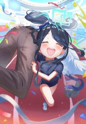 1boy 1girl ^_^ absurdres alternate_costume aris_(blue_archive) black_hair blue_archive blue_halo blush bow buruma carrying carrying_over_shoulder carrying_person closed_eyes commentary_request confetti foreshortening gym_shirt gym_uniform hair_bow halo highres kunku_(youn4431) long_hair open_mouth ponytail running running_track sensei_(blue_archive) shirt smile stadium very_long_hair
