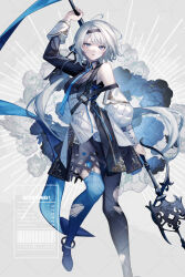 1girl ahoge anklet aono_99 asymmetrical_legwear asymmetrical_sleeves black_headband black_pantyhose black_ribbon blue_eyes blue_thighhighs commentary dress english_commentary floating_hair foot_out_of_frame hair_ribbon headband highres holding holding_polearm holding_weapon jewelry long_hair looking_at_viewer low_twintails mismatched_legwear o-ring original pantyhose parted_lips polearm puffy_sleeves ribbon solo thighhighs torn_clothes torn_pantyhose torn_thighhighs trident twintails two-tone_dress uneven_legwear uneven_sleeves watermark weapon white_hair