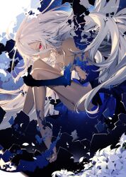 1girl ahoge breasts broken_glass closed_mouth collarbone commentary completely_nude dark-skinned_female dark_skin eve_sophi_nebulis fetal_position floating_hair flower from_side glass hugging_own_legs kimi_to_boku_no_saigo_no_senjou_arui_wa_sekai_ga_hajimaru_seisen long_hair looking_at_viewer nekonabe_ao novel_illustration nude official_art red_eyes small_breasts solo very_long_hair white_flower white_hair