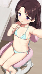 1girl :d bare_arms bare_legs bare_shoulders bikini blue_bikini blush breasts flat_chest groin highres jiji_(aardvark) loli medium_breasts micro_bikini navel open_mouth original selfie sitting smile solo stomach string_bikini swimsuit