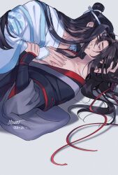 2boys artist_name bishounen black_hair black_hanfu blush boy_on_top chinese_clothes closed_eyes collarbone french_kiss grey_eyes groping hair_ribbon hand_on_another&#039;s_chest hand_on_another&#039;s_head hanfu headband holding_another&#039;s_wrist implied_sex kiss lan_wangji long_hair long_sleeves looking_at_another lying male_focus minataka94 modao_zushi multiple_boys nipples on_back open_clothes open_robe pectorals ponytail profile red_ribbon ribbon robe shadow simple_background sleeves_past_wrists topknot upper_body wei_wuxian white_hanfu white_headband wide_sleeves xiao_guan_(headdress) yaoi