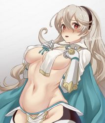 1girl adapted_costume amor arm_guards armor blue_cape blush breast_curtains breasts cape collar corrin_(female)_(fire_emblem) corrin_(female)_(hoshido_noble)_(fire_emblem) corrin_(fire_emblem) embarrassed fire_emblem fire_emblem_fates fire_emblem_if gloves groin hair_between_eyes hair_ornament hairband hairpin headband highres intelligent_systems karashino large_breasts loincloth long_hair looking_at_viewer navel nintendo open_mouth pelvic_curtain pointy_ears red_eyes simple_background solo thighs wavy_hair white_hair