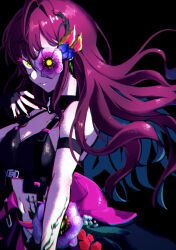 1girl absurdres black_background black_nails breasts cleavage commentary floating_hair flower flower_over_eye highres ichinose_shiki idolmaster idolmaster_cinderella_girls idolmaster_cinderella_girls_starlight_stage kinchaku_(udonntyaku) long_hair solo
