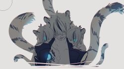 Rule 34 | 1boy, 2girls, animal ear fluff, animal ears, blue eyes, blunt bangs, bukurote, coat, father and daughter, glowing, glowing eyes, grey hair, hair ornament, hair over one eye, hairclip, looking at viewer, multiple girls, open clothes, open coat, original, simple background, tail, tiger boy, tiger ears, tiger girl, tiger tail, tongue, tongue out, upper body