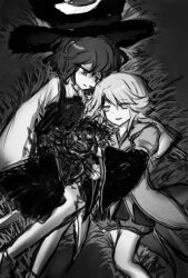 2others androgynous bare_legs chinese_commentary collared_coat collared_shirt commentary_request enraku_tsubakura eye_of_senri feet_out_of_frame greyscale guro hat highres holding_organ houlen_yabusame intestines layered_sleeves len&#039;en long_sleeves lying monochrome multiple_others neck_ribbon needless_(toyaco) on_back on_grass on_side other_focus pain parted_lips puffy_short_sleeves puffy_shorts puffy_sleeves ribbon shaded_face shirt short_hair short_hair_with_long_locks short_over_long_sleeves short_sleeves shorts sleeves_past_wrists smile socks top_hat vest wide_sleeves