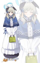 1girl absurdres alternate_costume animal_ears autumn_leaves bag blue_archive blue_bow blue_mantle blush bow brown_eyes brown_ribbon center_frills collared_dress commentary dog_ears dog_girl dress frilled_dress frills full_body grey_hair grin hair_bow hair_ribbon halo handbag highres holding holding_bag leaf long_dress looking_at_viewer low_twintails mantle medium_hair neck_ribbon patanda ribbon simple_background slippers smile socks solo_focus standing twintails umika_(blue_archive) white_background white_bow white_dress white_socks yellow_ribbon zoom_layer