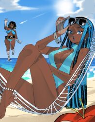 2girls :o absurdres adjusting_eyewear alternate_costume anklet arm_up arm_wrap arrow_(projectile) bare_shoulders barefoot beach bead_anklet beads belt bikini black_belt black_hair blue_bikini blue_eyes blue_eyeshadow blue_hair blue_lips blue_one-piece_swimsuit blue_sky bracelet breasts cleavage cleavage_cutout clothing_cutout cloud criss-cross_halter dark-skinned_female dark_skin dreadlocks earrings eyeshadow eyewear_lift flower full_body genderswap genderswap_(mtf) greek_mythology grey-framed_eyewear halterneck hammock hand_on_eyewear hand_up hibiscus highres imminent_death jewelry knee_up large_breasts leg_wrap light-skinned_palms lipstick long_hair looking_at_viewer makeup mother_and_daughter multicolored_hair multiple_bracelets multiple_girls ocean on_hammock one-piece_swimsuit original orion_(mythology) outdoors parted_lips poseidon_(mythology) red_flower ring_hair_ornament sand short_hair sky solo_focus standing standing_on_one_leg sun sunglasses swimsuit two-tone_hair very_dark_skin wanderjegson waving