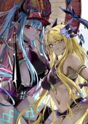 2girls absurdres armlet bare_shoulders bikini black_bikini black_one-piece_swimsuit blonde_hair blue_hair body_markings breasts cleavage colored_skin curvy dark-skinned_female dark_skin dragon_girl dragon_horns dragon_tail face_piercing facial_mark fate/grand_order fate_(series) grey_skin hat highleg highleg_swimsuit highres horns ibuki_douji_(fate) ibuki_douji_(swimsuit_berserker)_(fate) ibuki_douji_(swimsuit_berserker)_(first_ascension)_(fate) jewelry kino_kokko large_breasts licking_lips lip_piercing long_hair looking_at_viewer multicolored_hair multiple_girls navel oil-paper_umbrella one-piece_swimsuit one_eye_closed oni open_mouth piercing pink_hair pink_hat pink_one-piece_swimsuit pointy_ears ponytail red_eyes shiny_skin sidelocks smile swept_bangs swimsuit tail thigh_strap thighs tongue tongue_out two-tone_swimsuit umbrella visor_cap vritra_(fate) vritra_(ocean_flyer)_(fate) wide_hips yellow_eyes