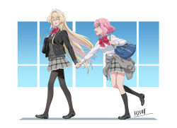 Rule 34 | 2girls, amaori renako, ashigaya high school uniform, blonde hair, blush, breasts, hair ornament, ishii hisao, loafers, multiple girls, open mouth, ouzuka mai, pink hair, purple eyes, school uniform, shirt, shoes, short hair, watashi ga koibito ni nareru wake naijan murimuri!, white shirt, x hair ornament, yuri