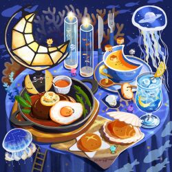 artist_name bread bread_slice cat coral cup egg egg_(food) fish food food_focus fork fried_egg fruit glass issiki_toaki jellyfish knife ladder napkin no_humans original plate seaweed spoon star_(sky) star_(symbol) table