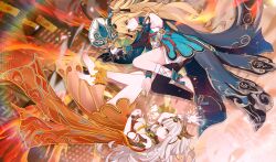 Rule 34 | 1girl, absurdres, bell, blonde hair, brown hat, chinese clothes, commentary, detached sleeves, dress, dual persona, english commentary, eyewear on head, green dress, green hat, hair bell, hair ornament, hat, highres, honkai (series), honkai impact 3rd, long hair, multicolored hair, nail polish, official alternate color, official alternate costume, official art, orange dress, orange hair, second-party source, songque, songque (jovial deception: shadowdimmer), streaked hair, sunglasses, teili (user sstt2474), very long hair, yellow eyes