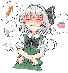 1girl blush bow bowtie closed_eyes commentary dango embarrassed food grey_hair hair_ribbon hands_on_own_stomach highres hungry konpaku_youmu konpaku_youmu_(ghost) mochi ribbon sakura_mochi short_hair speech_bubble stomach_growling sweatdrop thought_bubble touhou wagashi youyume-kun