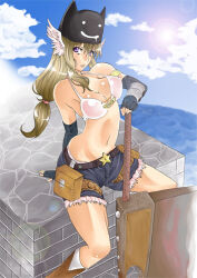 1girl axe belt belt_buckle belt_pouch bikini bikini_top_only black_hat blonde_hair blue_sky boots breasts brown_belt brown_boots buckle cleavage cloud commentary_request day deviruchi_hat elbow_gloves feathered_wings feet_out_of_frame fingerless_gloves fisheye fur-trimmed_shorts fur_trim gloves grey_gloves grey_shorts hat head_wings hijiru holding holding_axe lens_flare long_hair looking_at_viewer medium_breasts pouch purple_eyes ragnarok_online short_shorts shorts sitting sky solo star_(symbol) swimsuit water white_bikini white_wings whitesmith_(ragnarok_online) wings