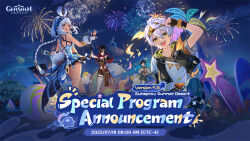 2boys 2girls asymmetrical_gloves bennett_(genshin_impact) beret black_hat black_shirt braided_sidelocks chasca_(genshin_impact) fingerless_gloves fireworks genshin_impact gloves green_eyes hair_between_eyes hat holding_harp logo mualani_(genshin_impact) multiple_boys multiple_girls night night_sky official_alternate_costume official_art open_mouth shirt sky smile star_(sky) venti_(genshin_impact) white_hair white_shirt