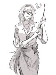 Rule 34 | 1girl, 2girls, alternate costume, breasts, character request, chinese commentary, commentary request, dai3844152, elf, elysia (honkai impact), glasses, greyscale, hairband, highres, holding, honkai (series), honkai impact 3rd, id card, long hair, looking at viewer, medium breasts, monochrome, multiple girls, pointy ears, shirt, short hair, skirt, solo, turtleneck, turtleneck shirt, very long hair