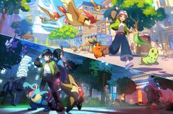 3girls 4boys :d arbok ariados arm_up bellsprout belt bird black_hat blue_belt brown_hair building bunnelby car character_request chikorita commentary_request door fletchling gen_1_pokemon gen_2_pokemon gen_3_pokemon gen_5_pokemon gen_6_pokemon glint green_jacket hand_on_headwear harmony_(pokemon) hat holding holding_poke_ball jacket lida_(pokemon) litleo motor_vehicle multiple_boys multiple_girls nintendo noibat official_art open_mouth pants paxton_(pokemon) pidgeotto pidgey poke_ball poke_ball_(basic) pokemon pokemon_(creature) pokemon_legends:_z-a sableye shirt shoes sign smile socks standing staryu teeth tepig totodile tower tree upper_teeth_only white_hat white_shirt window