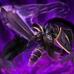 armor black_cape cape dark_knight dark_knight_(sennen_sensou_aigis) fake_horns fighting_stance gauntlets glowing glowing_eyes helmet holding holding_shield holding_sword holding_weapon horned_helmet purple_background sennen_sensou_aigis shield shinryoku_tobari solo standing sword weapon