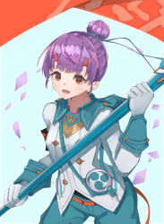 1girl absurdres blue_background blue_shorts brown_eyes commentary_request fiona_(xenoblade) flag gratan1493 hair_bun highres holding holding_flag horns looking_at_viewer lower_teeth_only open_mouth purple_hair shorts single_hair_bun smile solo standing teeth xenoblade_chronicles_(series) xenoblade_chronicles_3