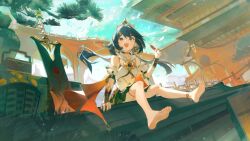 1girl ameriya anklet bare_legs bare_shoulders barefoot blue_sky bra bridal_gauntlets chinese_clothes choker cloud cloudy_sky dango detached_collar detached_sleeves earrings food from_below grey_hair hair_between_eyes hair_flowing_over hair_ornament hairclip hand_up headpiece highres holding holding_skewer honkai:_star_rail honkai_(series) huge_weapon jewelry long_hair looking_afar looking_to_the_side looking_up low_twintails multicolored_clothes open_mouth orange_eyes outdoors pendant red_nails short_sleeves single_earring sitting skewer skirt sky solo teeth twintails underwear upper_teeth_only wagashi weapon yunli_(honkai:_star_rail)