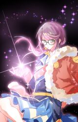 Rule 34 | 1girl, aiguillette, arm at side, badge, bell, belt, belt buckle, black-framed eyewear, black background, blue jacket, blue skirt, buckle, collared shirt, commentary, diffraction spikes, epaulettes, feet out of frame, flipped bangs, floating hair, fur-trimmed jacket, fur trim, glasses, glowing, green eyes, hair bell, hair ornament, highres, hoshimi junna, jacket, jacket on shoulders, lapels, long sleeves, looking at object, low side ponytail, mangoshotsekox, notched lapels, parted lips, pink sash, pleated skirt, red jacket, red sleeve cuffs, sash, shirt, shoujo kageki revue starlight, shoulder sash, single horizontal stripe, skirt, solo, sparkle, sparkle background, star (symbol), white shirt, yellow belt