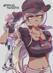 1girl baseball_cap black_gloves black_pants black_shirt black_socks blonde_hair collarbone crop_top dark-skinned_female dark_skin female_focus gloves grey_background hat jewelry kawana_tsubasa long_hair looking_at_viewer multicolored_eyes multicolored_pants navel necklace pants ponytail purple_eyes shirt shoes simple_background socks solo solo_focus the_hundred_line_-last_defense_academy- white_pants white_shoes yellow_eyes
