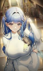 1girl absurdres arcana_(nikke) blue_hair breasts card commentary_request dress ear_piercing earrings goddess_of_victory:_nikke grey_eyes highres holding holding_card indoors jewelry large_breasts library looking_at_viewer moragon584 one_side_up piercing smile solo tarot tarot_card white_dress zipper_dress