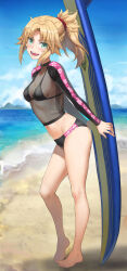 1girl barefoot beach bikini bikini_under_clothes black_bikini black_bodysuit blonde_hair blue_sky bodysuit braid breasts cleavage collarbone fate/grand_order fate_(series) feet floral_print full_body green_eyes half_up_braid heel_up highres legs long_hair looking_at_viewer mordred_(fate) mordred_(swimsuit_rider)_(fate) navel open_mouth outdoors parted_bangs ponytail prydwen_(fate) revision see-through_clothes shore sidelocks sky small_breasts smile solo surfboard swimsuit toenails toes tonee