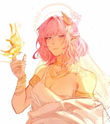 Rule 34 | 1girl, ancient greek clothes, bug, butterfly, commentary, cyrene (honkai: star rail), dress, english commentary, greco-roman clothes, hair ornament, highres, honkai: star rail, honkai (series), insect, medium hair, mew (mikkulti), pink hair, pointy ears, signature, solo, toga, twitter username, upper body, white dress