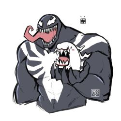 1boy black_skin colored_skin crossover digimon digimon_(creature) long_tongue marvel multicolored_skin open_mouth sharp_teeth simple_background slayer_dramonz spider-man_(series) teeth tokomon tongue tongue_out two-tone_skin upper_body venom_(marvel) white_background white_skin