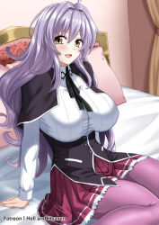 1girl ahoge breasts hellandheaven high_school_dxd highres huge_breasts ingvild_leviathan on_bed pantyhose purple_hair purple_pantyhose red_skirt school_uniform shirt sitting skirt solo white_shirt yellow_eyes