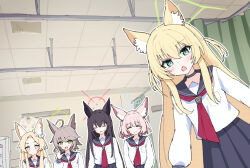 5girls :&lt; ahoge alternate_costume animal_ears black_hair blonde_hair blue_archive breasts closed_eyes closed_mouth commentary_request curtains fox_ears green_eyes hair_between_eyes hair_ornament halo highres hospital kurumi_(blue_archive) long_hair looking_at_viewer meme metal_gear_(series) metal_gear_solid metal_gear_solid_v:_the_phantom_pain multiple_girls niko_(blue_archive) nine_years_in_a_coma_(meme) otogi_(blue_archive) pink_hair piwa pov school_uniform seia_(blue_archive) small_breasts sweatdrop yukino_(blue_archive)