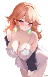 Rule 34 | 1girl, absurdres, alternate costume, blush, breasts, cleavage, earrings, feather earrings, feathers, highres, hololive, hololive english, isari sensei, jewelry, large breasts, long hair, looking at viewer, orange hair, purple eyes, simple background, solo, takanashi kiara, virtual youtuber, white background