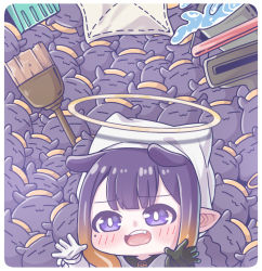 :3 blush broom bucket bucket_of_water cleaning cleaning_rag crowded dustpan gloves halo headscarf hololive hololive_english mole mole_under_eye monja_(monja0521) ninomae_ina&#039;nis pointy_ears spilling takodachi_(ninomae_ina&#039;nis) tentacle_hair vacuum_cleaner virtual_youtuber white_headscarf