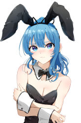 1girl alternate_costume animal_ears bare_shoulders black_leotard blue_eyes blue_hair blush bow bowtie breasts cleavage detached_collar fake_animal_ears hair_between_eyes hair_ribbon highres hololive hoshimachi_suisei leotard long_hair looking_at_viewer medium_breasts playboy_bunny ponytail rabbit_ears rabbit_tail ribbon sasai_tuki solo star_(symbol) star_in_eye strapless strapless_leotard symbol_in_eye tail upper_body virtual_youtuber white_background wrist_cuffs