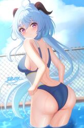1girl alternate_costume blue_hair blue_one-piece_swimsuit blush breasts closed_mouth cloud cloudy_sky commentary_request day from_side ganyu_(genshin_impact) genshin_impact highres hyakuya_iori large_breasts long_hair looking_at_viewer looking_to_the_side one-piece_swimsuit outdoors purple_eyes sideboob signature sky solo swimsuit twitter_username very_long_hair watermark web_address white_one-piece_swimsuit