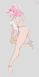 absurdres ass blue_eyes breasts china_dress chinese_clothes chinese_commentary commentary_request cq33 dated dress elysia_(honkai_impact) from_side grey_background hair_ornament high_heels highres honkai_(series) honkai_impact_3rd medium_breasts pink_hair short_hair simple_background standing standing_on_one_leg twitter_username white_dress