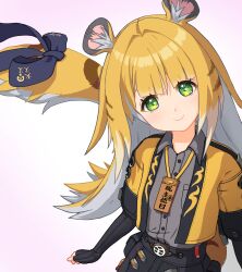 Rule 34 | 1girl, absurdres, animal ear fluff, animal ears, blonde hair, colored inner hair, gloves, green eyes, highres, ju fufu, long hair, looking at viewer, multicolored hair, shirt, shorts, smile, solo, tail, tiger ears, tiger girl, tiger tail, user tgfv4488, white hair, zenless zone zero