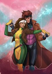 1boy 1girl abstract_background black_pants black_sclera bodysuit brown_coat brown_hair brown_jacket coat colored_sclera gambit gloves green_bodysuit green_eyes highres jacket jr_bartok long_coat long_hair looking_at_another marvel multicolored_hair open_clothes open_coat open_jacket pants pink_eyes rogue_(x-men) short_hair signature superhero_costume two-tone_bodysuit two-tone_hair white_hair x-men yellow_bodysuit yellow_gloves